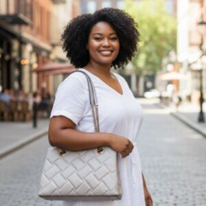 DKNY Quilted Shoulder Tote Bag Beige Gold Chain